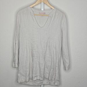 Saint Tropez West 100% Linen‎ Tunic Top Beige Long Sleeve Pin Tuck Detail L